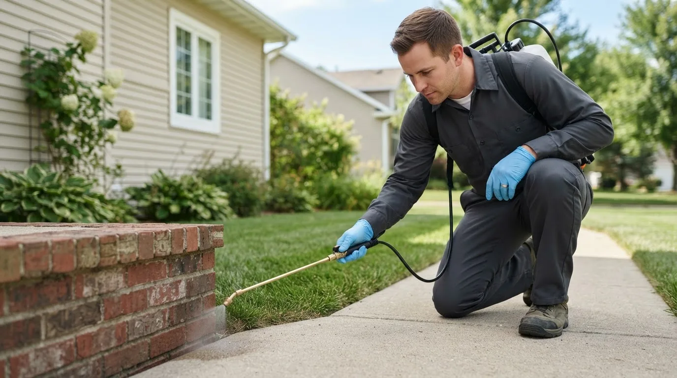 Pest control technician treating a home near Walshville, IL