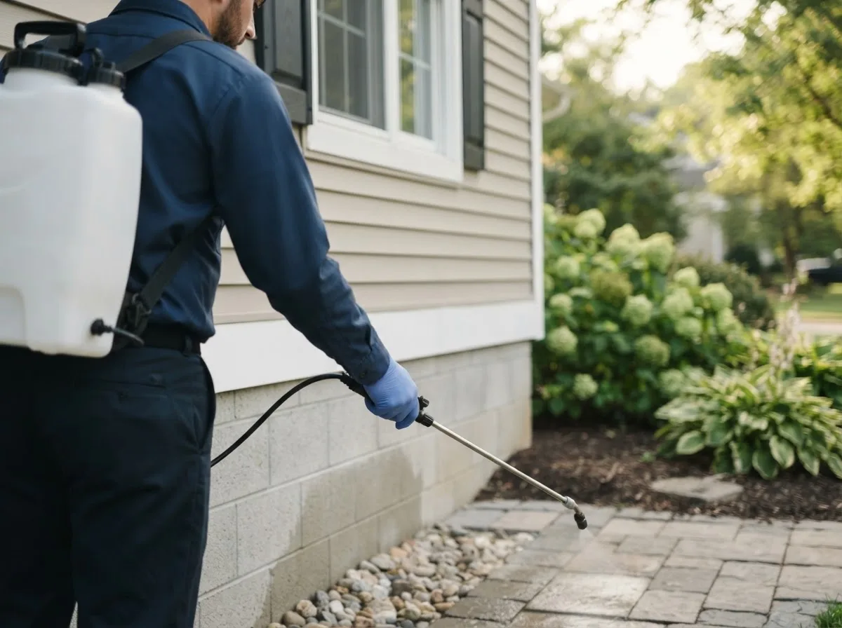 Pest control technician inspecting a home in Walshville, IL